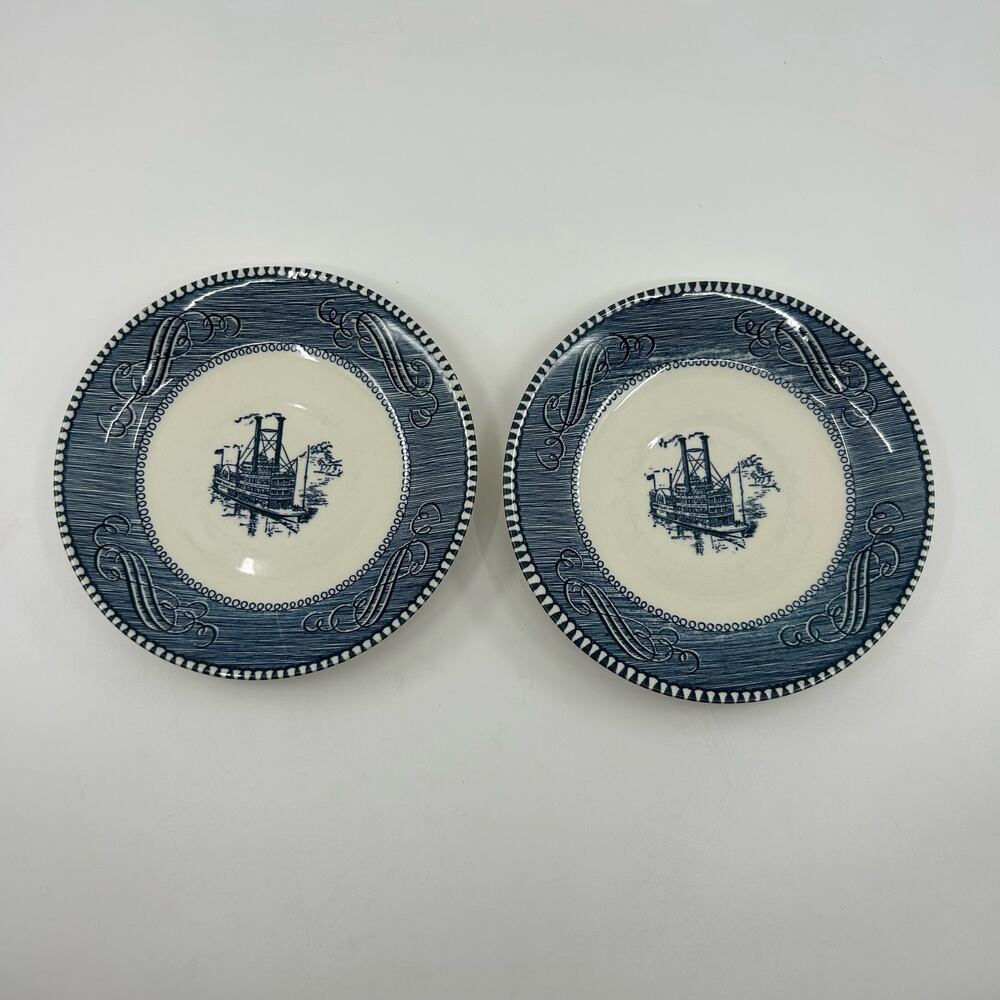 Currier & Ives Blue Transferware 5.5" Plate Saucer Set Of 2 Steamboat Americana